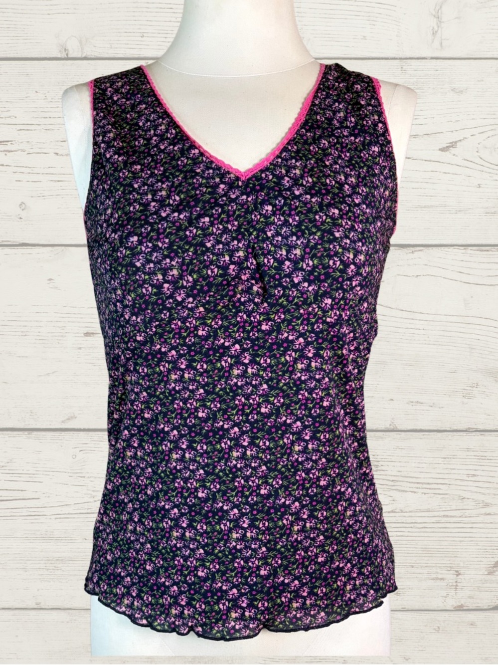 Vintage Old Navy Y2K Mesh Ditsy Floral Navy Pink Picot Trim Tank Top Cami Sz M